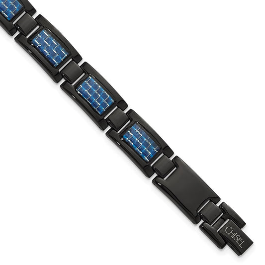 Stainless Steel Chisel Polished Black Ip-Plated With Blue Carbon Fiber Inlay 8.25 Inch Link Bracelet