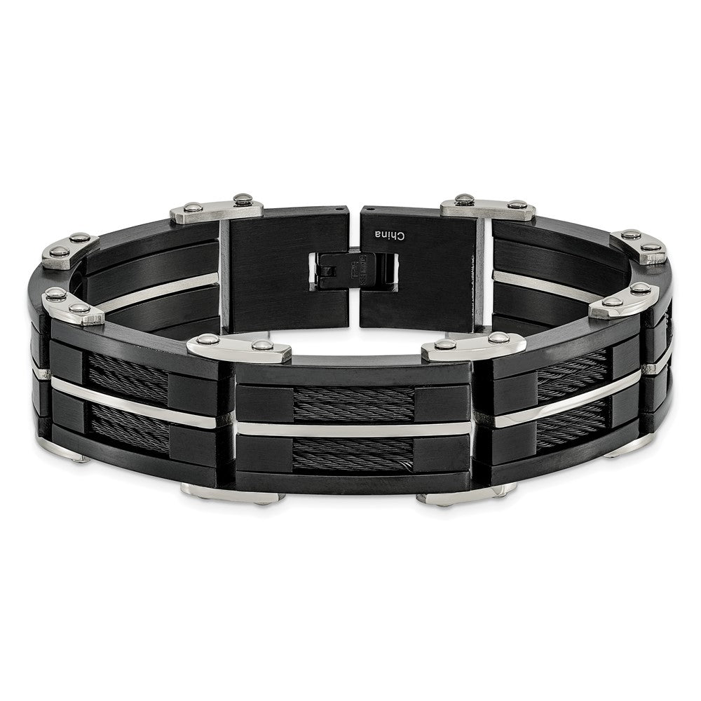 Stainless Steel Chisel Brushed And Polished Black Ip-Plated With Cable Inlay 8.75 Inch Link Bracelet