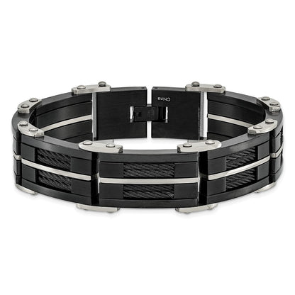 Stainless Steel Chisel Brushed And Polished Black Ip-Plated With Cable Inlay 8.75 Inch Link Bracelet