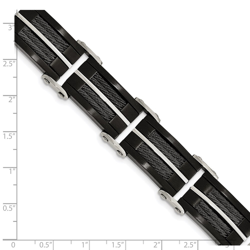 Stainless Steel Chisel Brushed And Polished Black Ip-Plated With Cable Inlay 8.75 Inch Link Bracelet