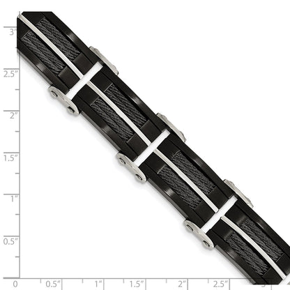 Stainless Steel Chisel Brushed And Polished Black Ip-Plated With Cable Inlay 8.75 Inch Link Bracelet
