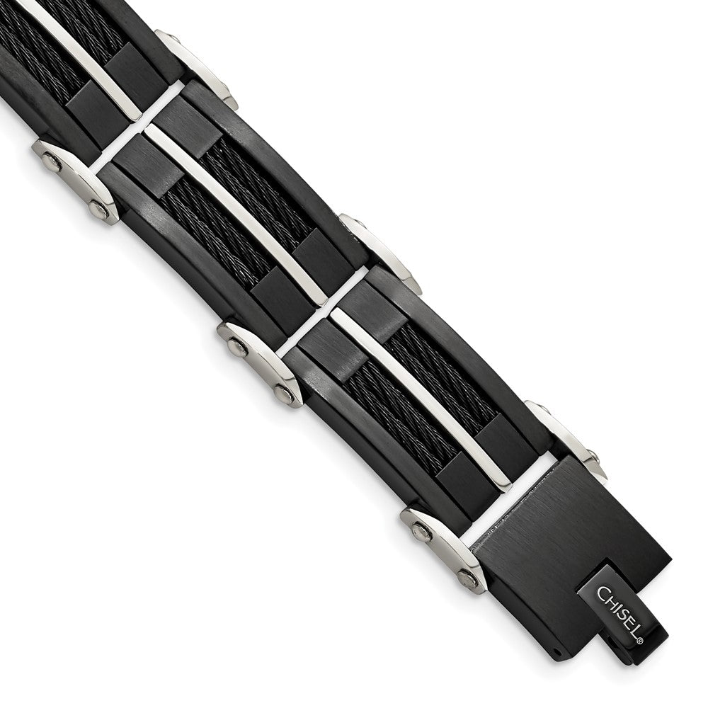 Stainless Steel Chisel Brushed And Polished Black Ip-Plated With Cable Inlay 8.75 Inch Link Bracelet