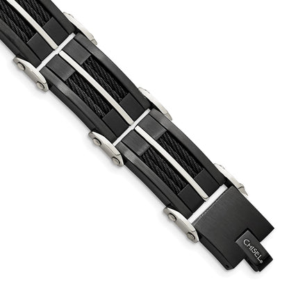 Stainless Steel Chisel Brushed And Polished Black Ip-Plated With Cable Inlay 8.75 Inch Link Bracelet