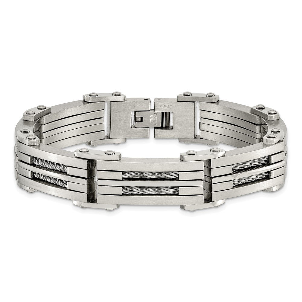 Stainless Steel Chisel Brushed And Polished With Cable Inlay 8.5 Inch Bracelet