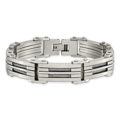 Stainless Steel Chisel Brushed And Polished With Cable Inlay 8.5 Inch Bracelet