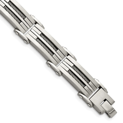 Stainless Steel Chisel Brushed And Polished With Cable Inlay 8.5 Inch Bracelet