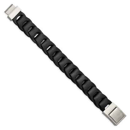 8.25 Inch Stainless Steel Brushed Black Leather 8.25In Bracelet