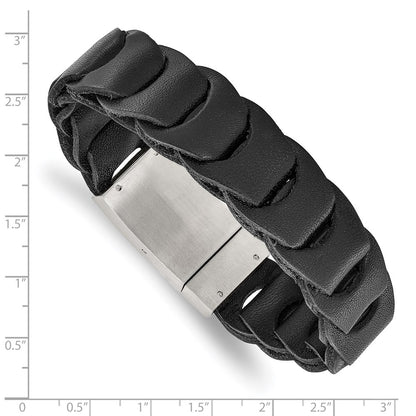 8.25 Inch Stainless Steel Brushed Black Leather 8.25In Bracelet