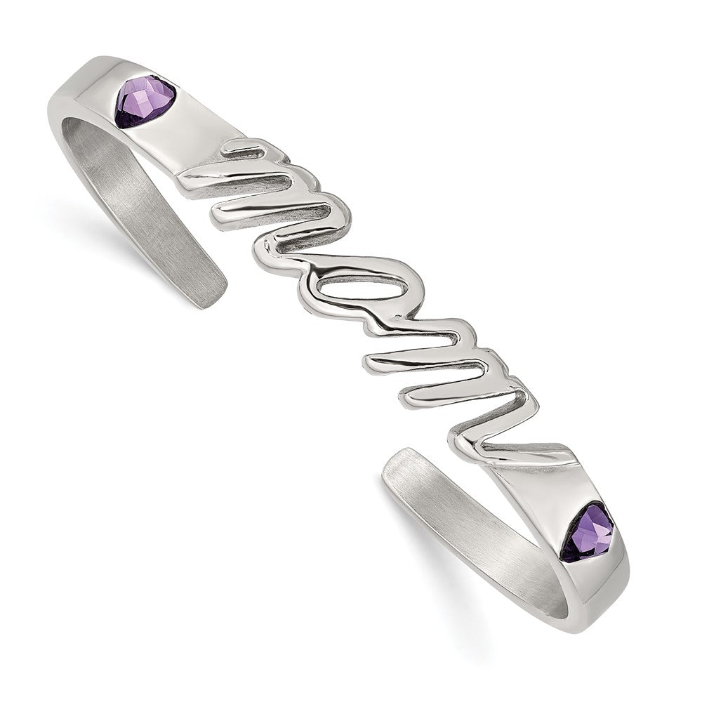 Stainless Steel Polished W/Purple Cz Mom Bangle