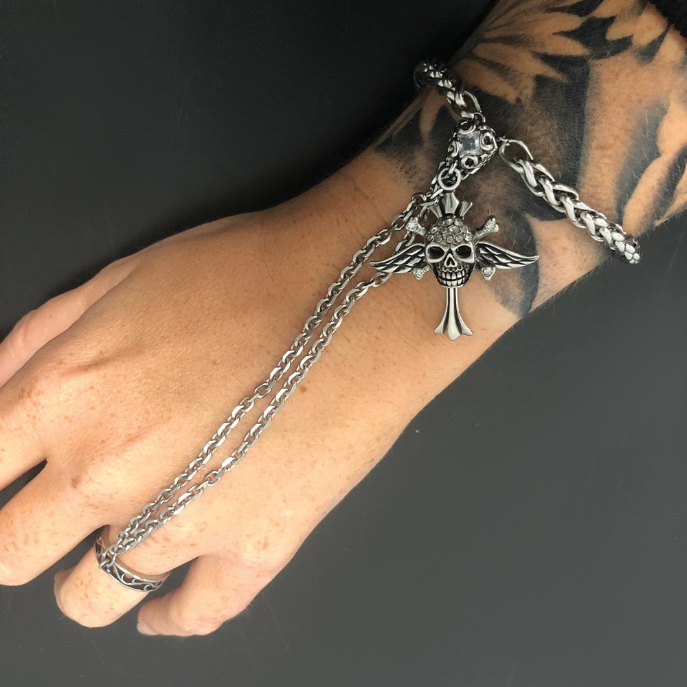 9 Inch Stainless Steel Antiqued & Polished Winged Skull Cross Crystal Connect Bracelet Ring