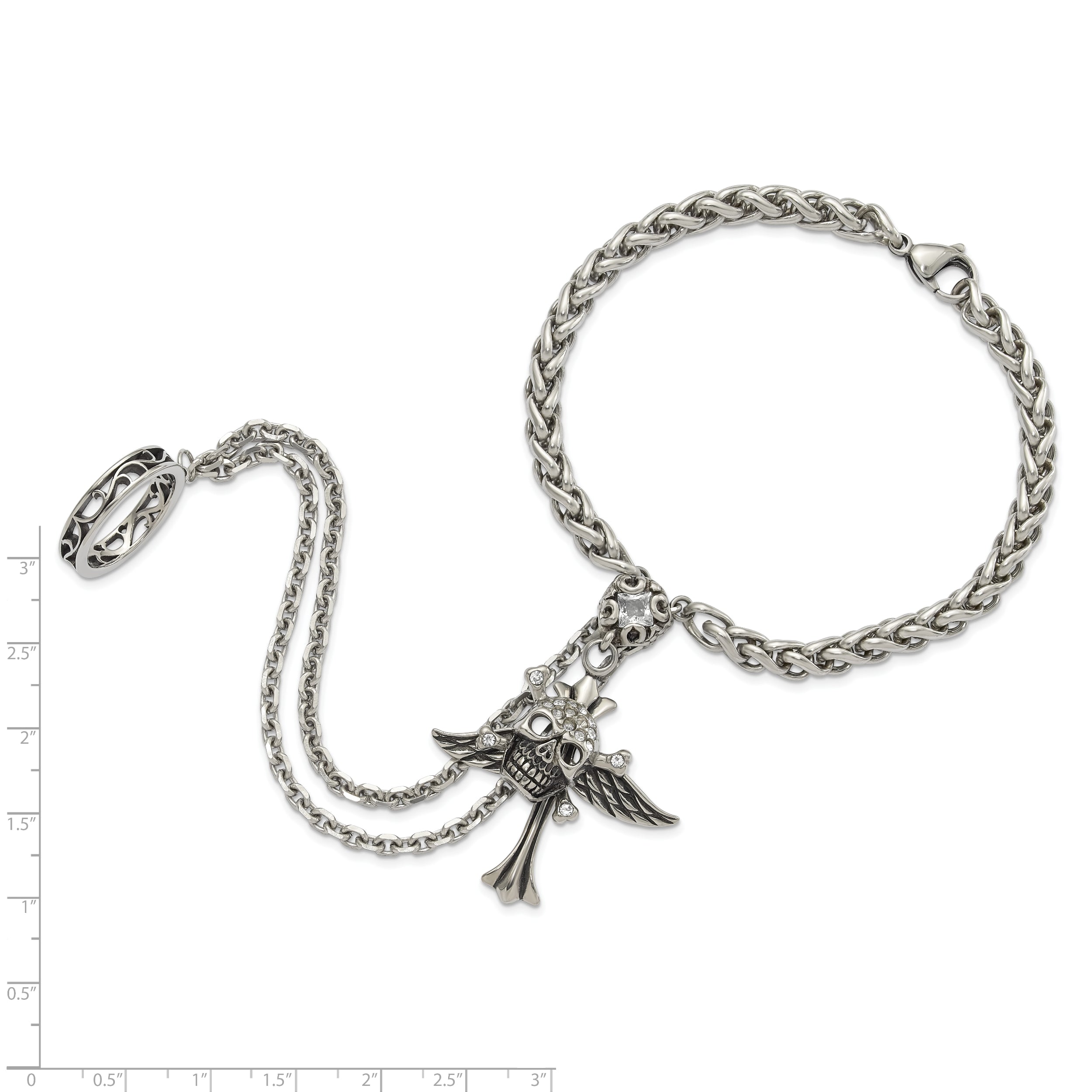 8 Inch Stainless Steel Antiqued & Polished Winged Skull Cross Crystal Connect Bracelet Ring