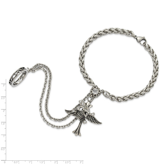 8 Inch Stainless Steel Antiqued & Polished Winged Skull Cross Crystal Connect Bracelet Ring