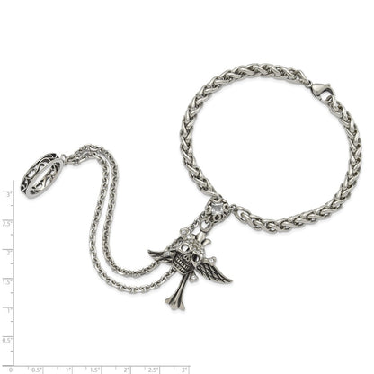 9 Inch Stainless Steel Antiqued & Polished Winged Skull Cross Crystal Connect Bracelet Ring