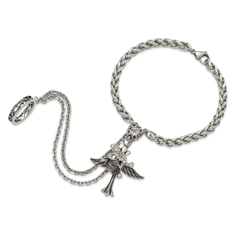 9 Inch Stainless Steel Antiqued & Polished Winged Skull Cross Crystal Connect Bracelet Ring