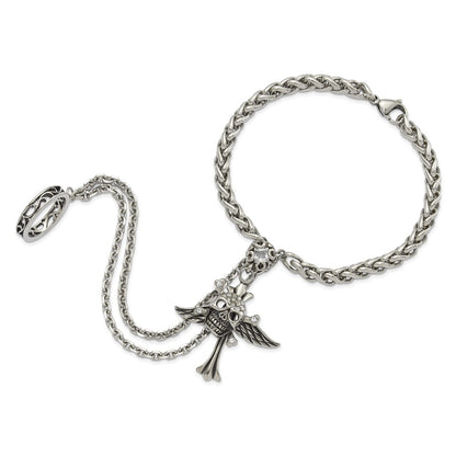 9 Inch Stainless Steel Antiqued & Polished Winged Skull Cross Crystal Connect Bracelet Ring