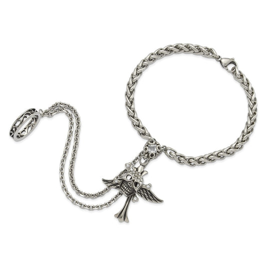 9 Inch Stainless Steel Antiqued & Polished Winged Skull Cross Crystal Connect Bracelet Ring