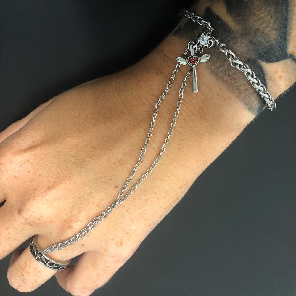 8 Inch Stainless Steel Polished & Antiqued Crystal Heart Cross Connected Ring Bracelet