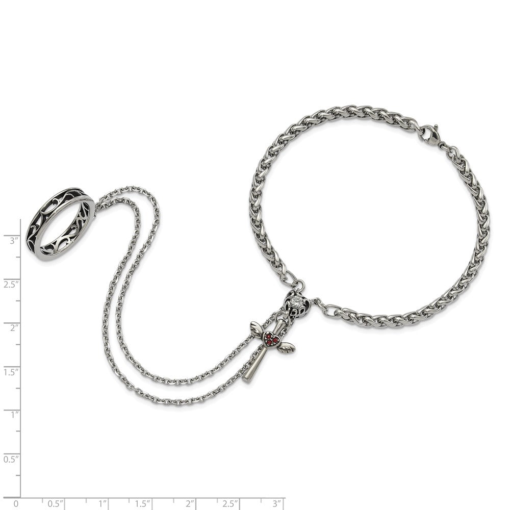 8 Inch Stainless Steel Polished & Antiqued Crystal Heart Cross Connected Ring Bracelet