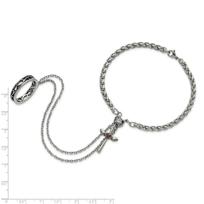8 Inch Stainless Steel Polished & Antiqued Crystal Heart Cross Connected Ring Bracelet