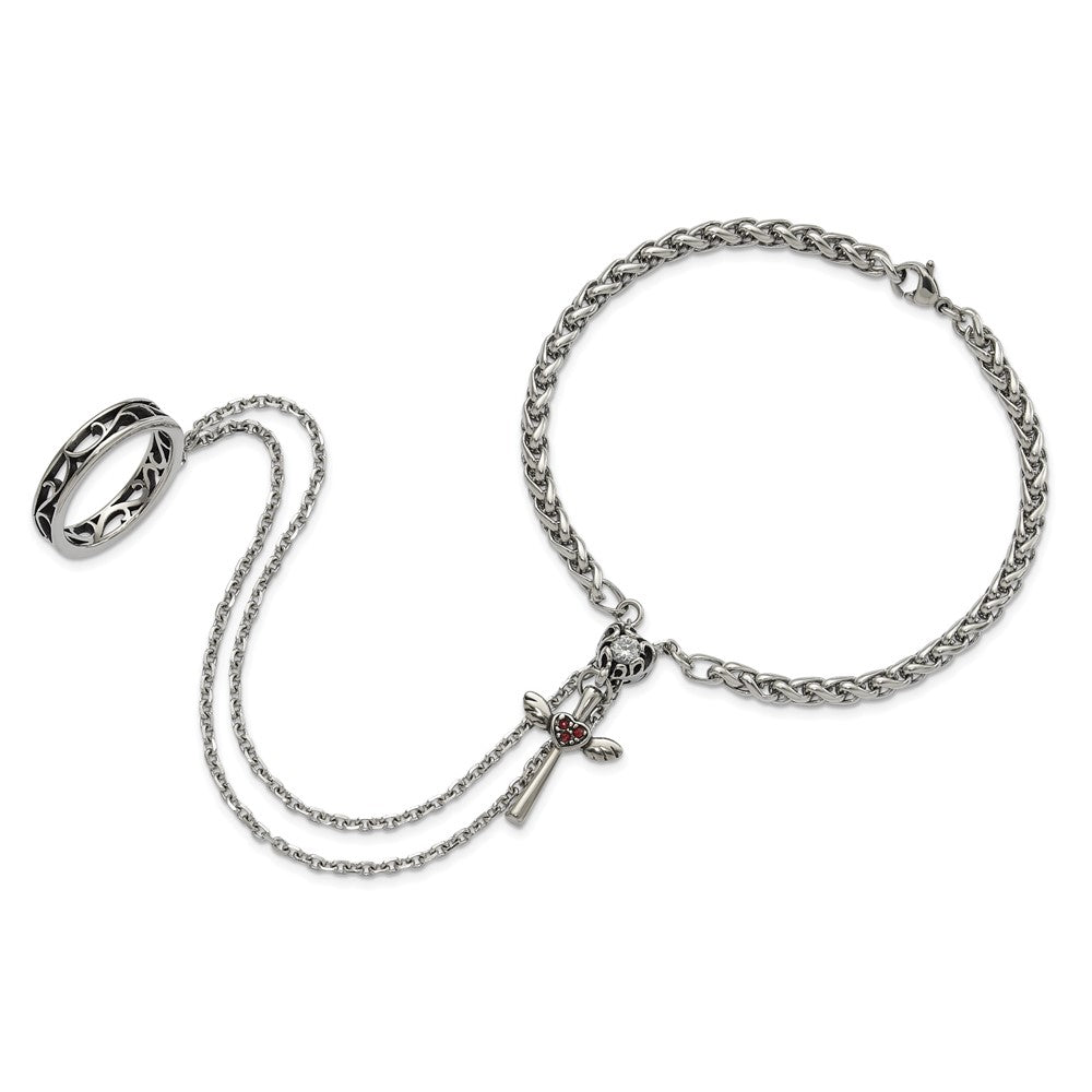 8 Inch Stainless Steel Polished & Antiqued Crystal Heart Cross Connected Ring Bracelet