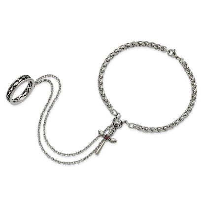 8 Inch Stainless Steel Polished & Antiqued Crystal Heart Cross Connected Ring Bracelet