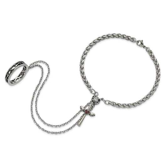 8 Inch Stainless Steel Polished & Antiqued Crystal Heart Cross Connected Ring Bracelet