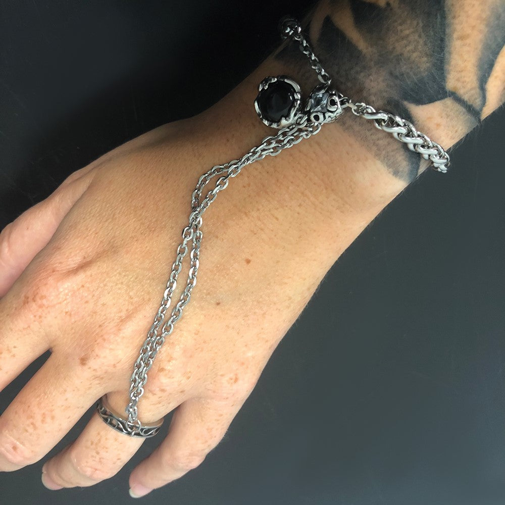 8 Inch Stainless Steel Polished & Antiqued Crystal Glass Fleur De Lis Connected Ring Bracelet