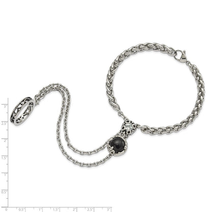 8 Inch Stainless Steel Polished & Antiqued Crystal Glass Fleur De Lis Connected Ring Bracelet