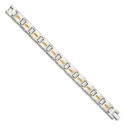 Stainless Steel Chisel Polished With Diamond-Cut 14K Gold Inlay 8 Inch Link Bracelet