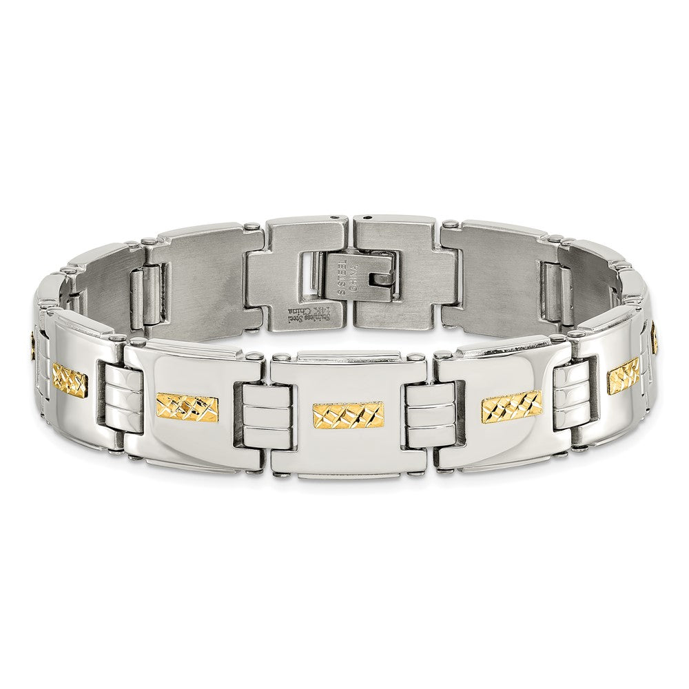 Stainless Steel Chisel Polished With Diamond-Cut 14K Gold Inlay 8 Inch Link Bracelet