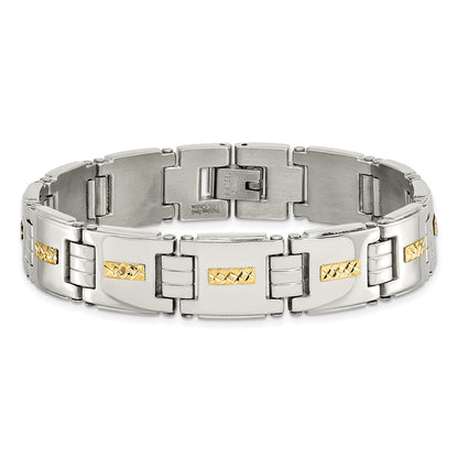 Stainless Steel Chisel Polished With Diamond-Cut 14K Gold Inlay 8 Inch Link Bracelet
