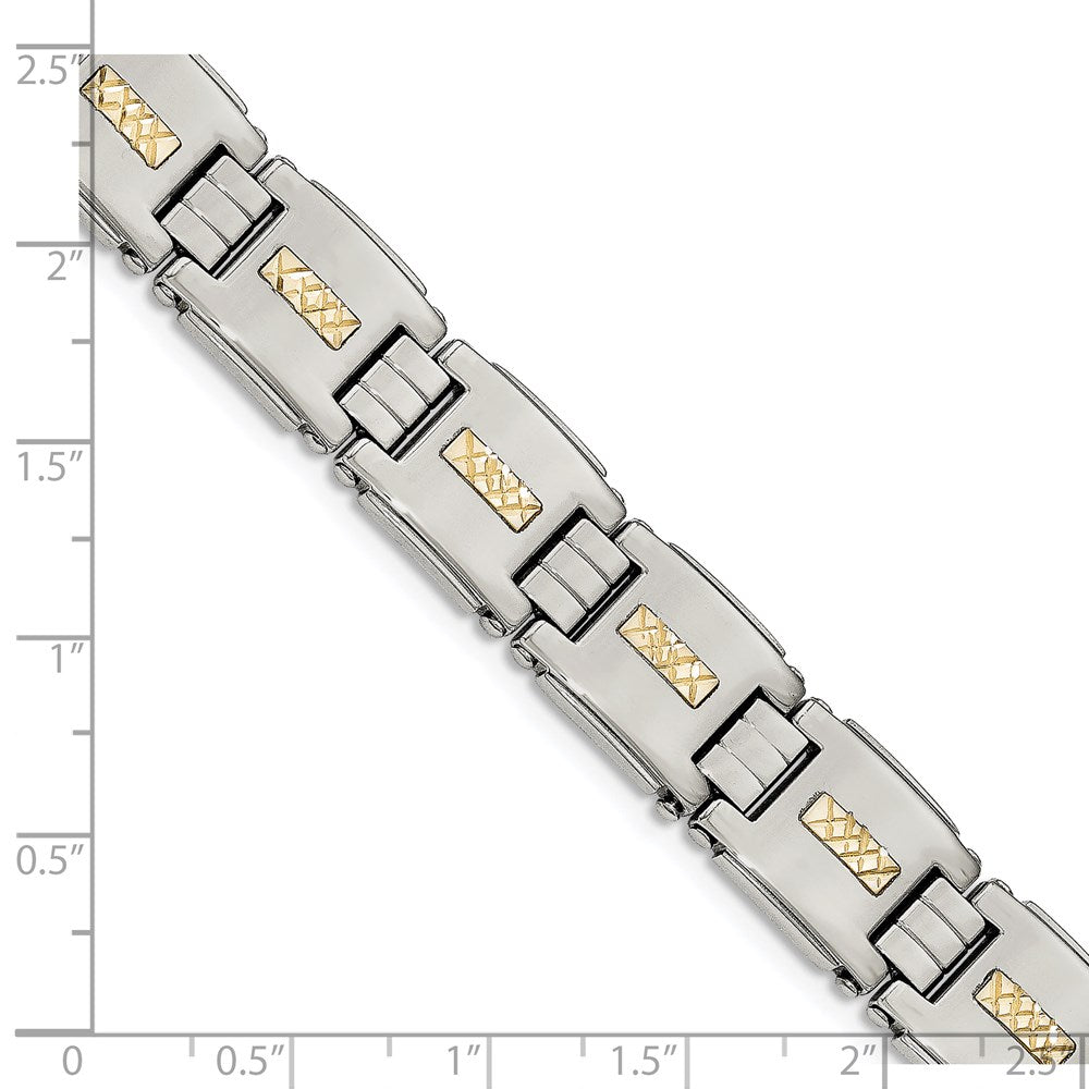 Stainless Steel Chisel Polished With Diamond-Cut 14K Gold Inlay 8 Inch Link Bracelet