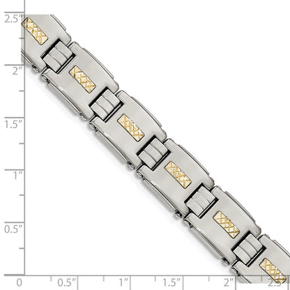 Stainless Steel Chisel Polished With Diamond-Cut 14K Gold Inlay 8 Inch Link Bracelet
