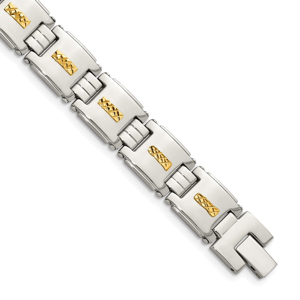 Stainless Steel Chisel Polished With Diamond-Cut 14K Gold Inlay 8 Inch Link Bracelet