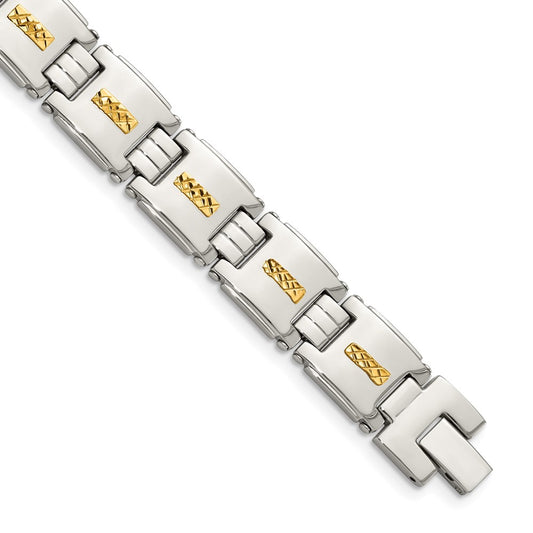 Stainless Steel Chisel Polished With Diamond-Cut 14K Gold Inlay 8 Inch Link Bracelet