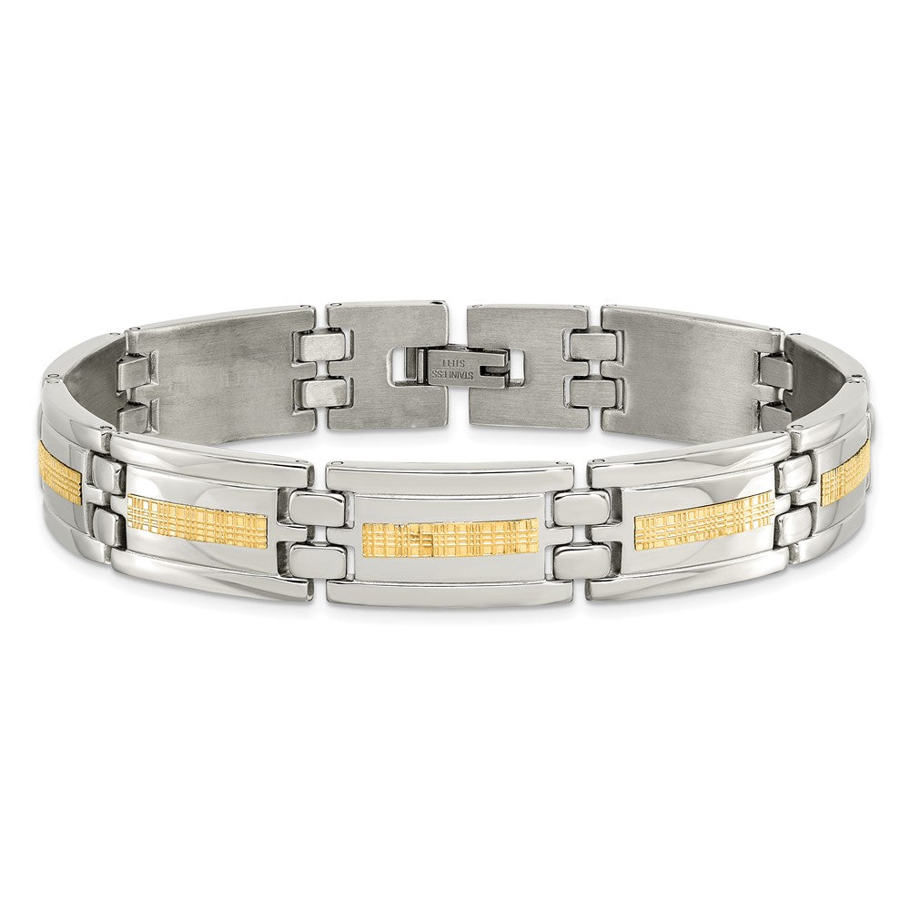 Stainless Steel Chisel Polished With 14K Gold Inlay 8.75 Inch Link Bracelet