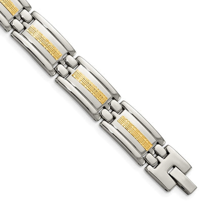 Stainless Steel Chisel Polished With 14K Gold Inlay 8.75 Inch Link Bracelet