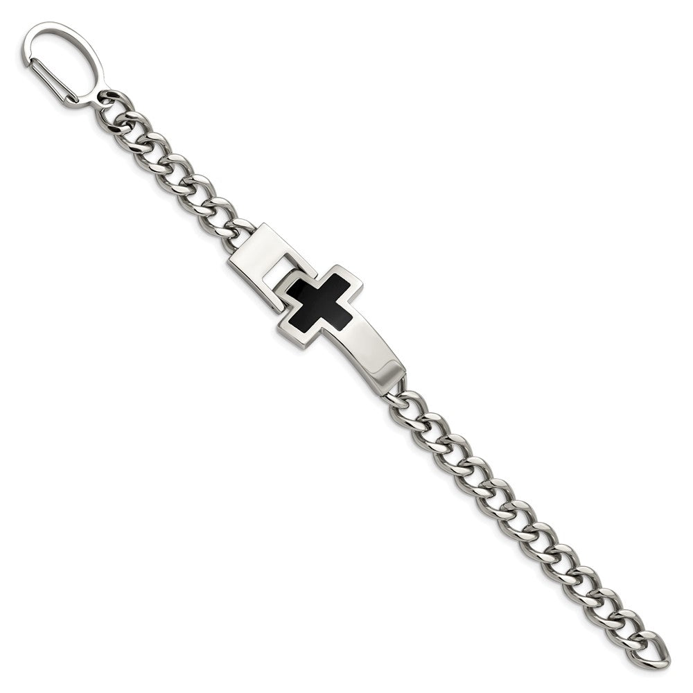 Stainless Steel Chisel Polished With Black Enamel Cross 9.25 Inch Bracelet