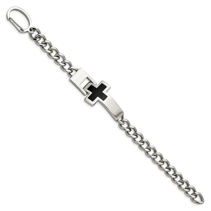Stainless Steel Chisel Polished With Black Enamel Cross 9.25 Inch Bracelet