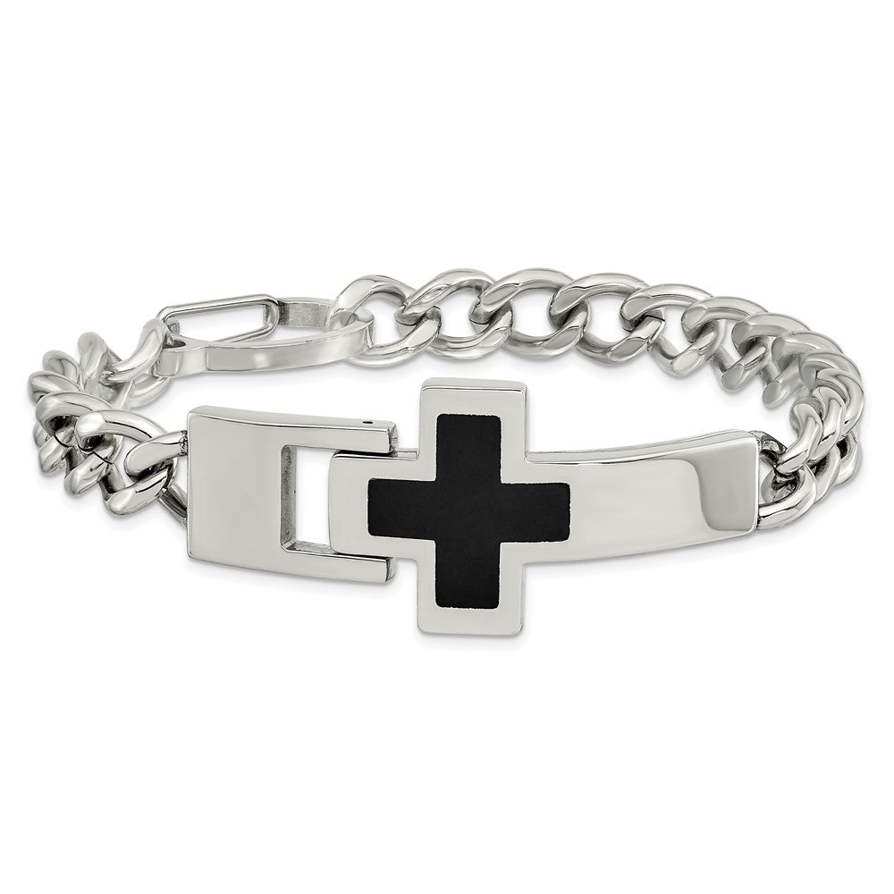 Stainless Steel Chisel Polished With Black Enamel Cross 9.25 Inch Bracelet