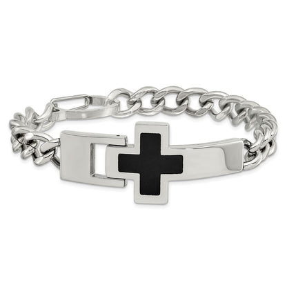Stainless Steel Chisel Polished With Black Enamel Cross 9.25 Inch Bracelet