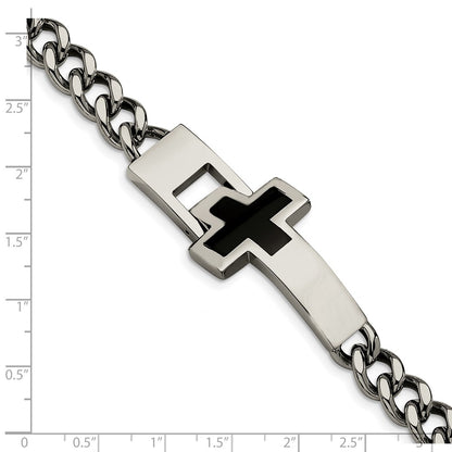 Stainless Steel Chisel Polished With Black Enamel Cross 9.25 Inch Bracelet