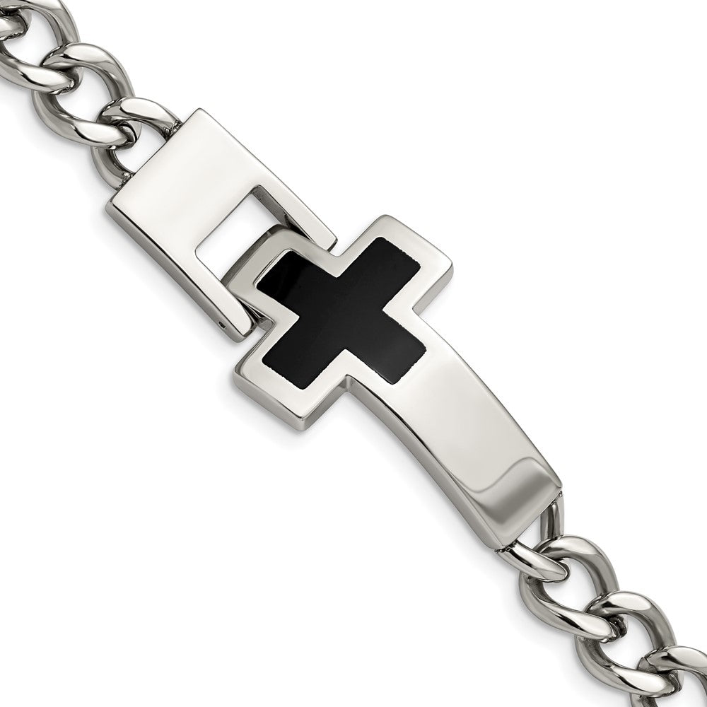 Stainless Steel Chisel Polished With Black Enamel Cross 9.25 Inch Bracelet