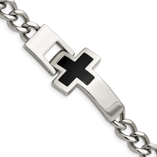 Stainless Steel Chisel Polished With Black Enamel Cross 9.25 Inch Bracelet