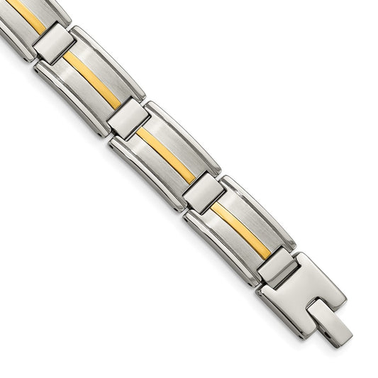 Stainless Steel Chisel With 14K Gold Accent Brushed And Polished 8.75 Inch Link Bracelet
