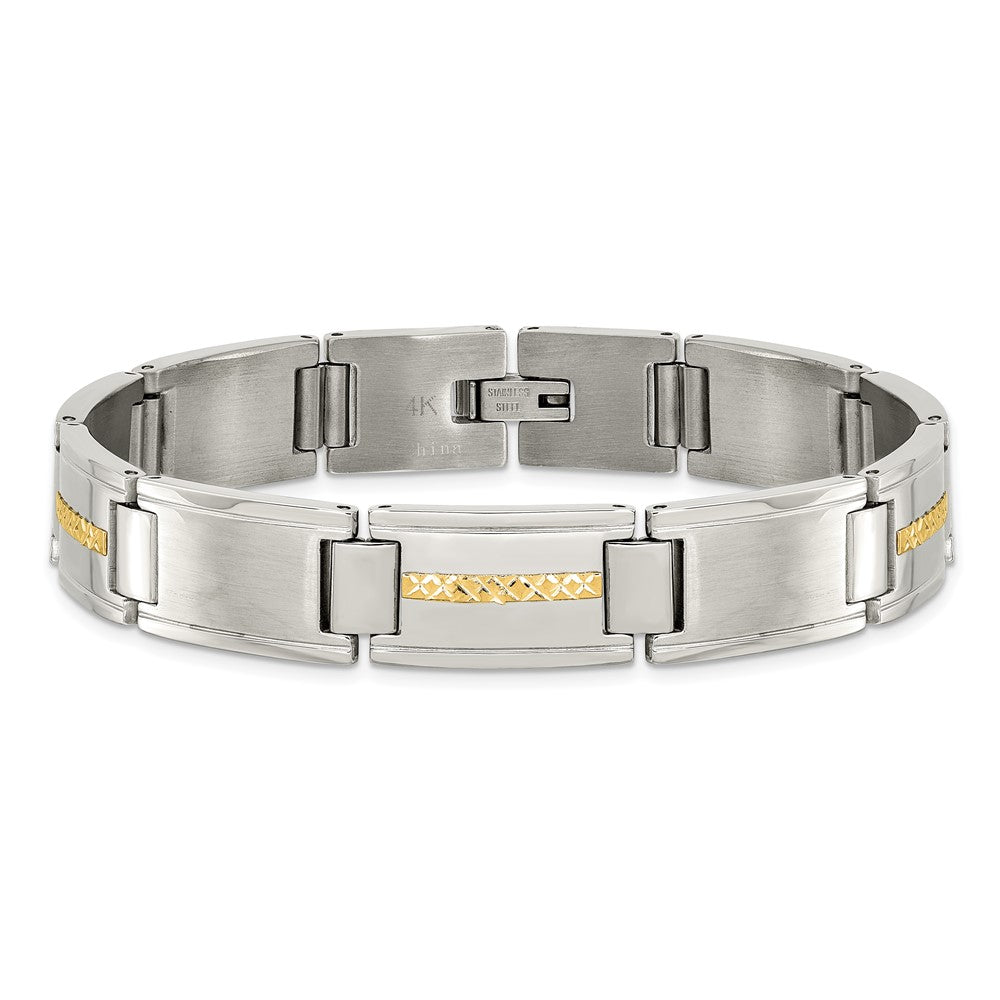Stainless Steel Chisel With 14K Gold Accent Brushed And Polished 8.75 Inch Link Bracelet