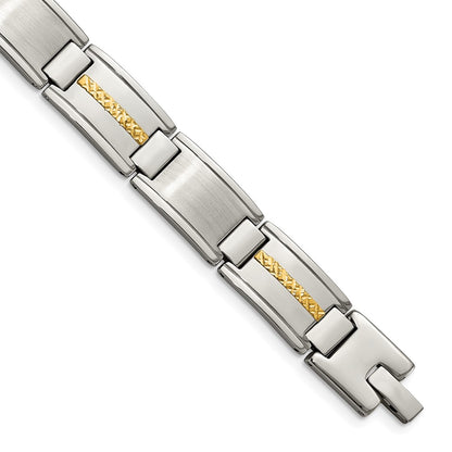 Stainless Steel Chisel With 14K Gold Accent Brushed And Polished 8.75 Inch Link Bracelet