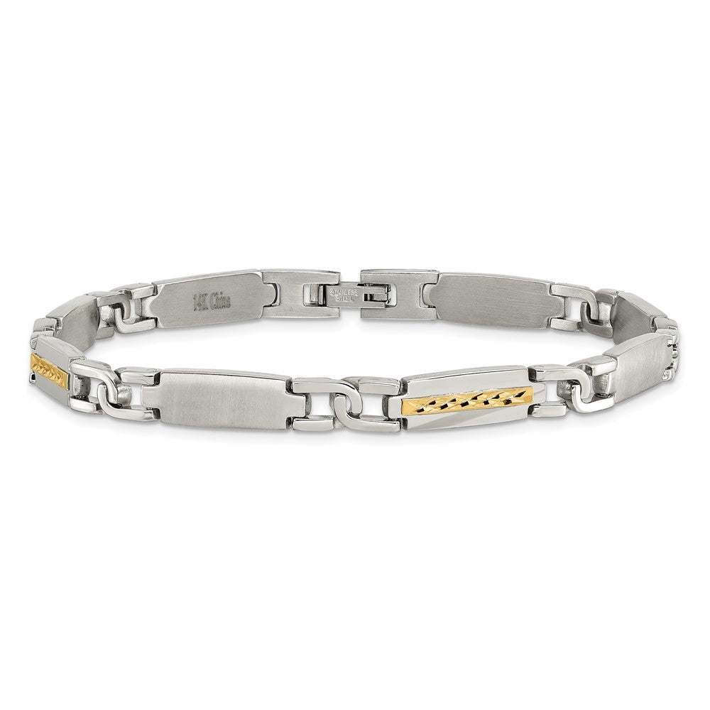 Stainless Steel Chisel With 14K Gold Accent Brushed And Polished 8.75 Inch Link Bracelet