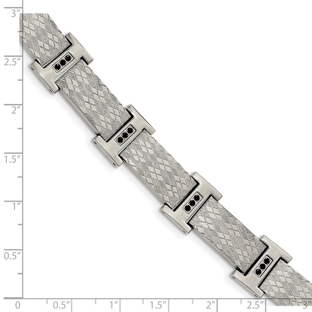 Stainless Steel Chisel Polished And Textured With Black Cz 8.5 Inch Link Bracelet