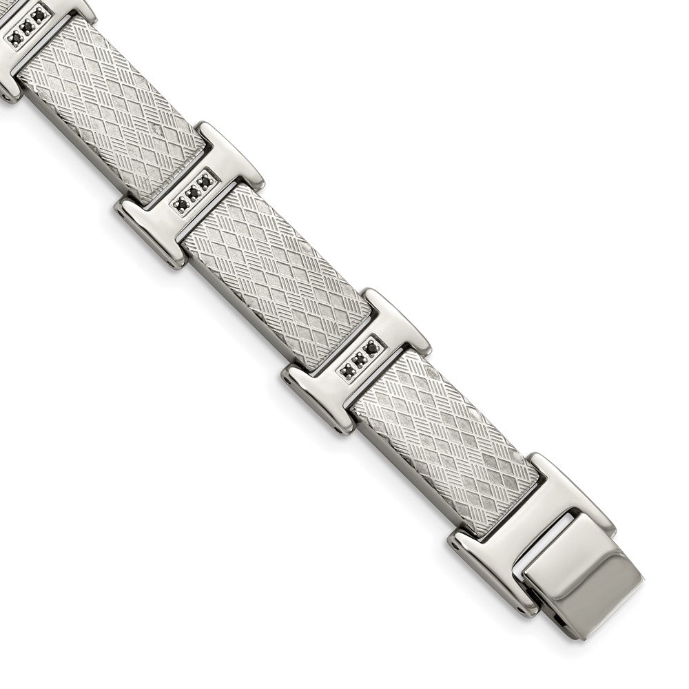 Stainless Steel Chisel Polished And Textured With Black Cz 8.5 Inch Link Bracelet
